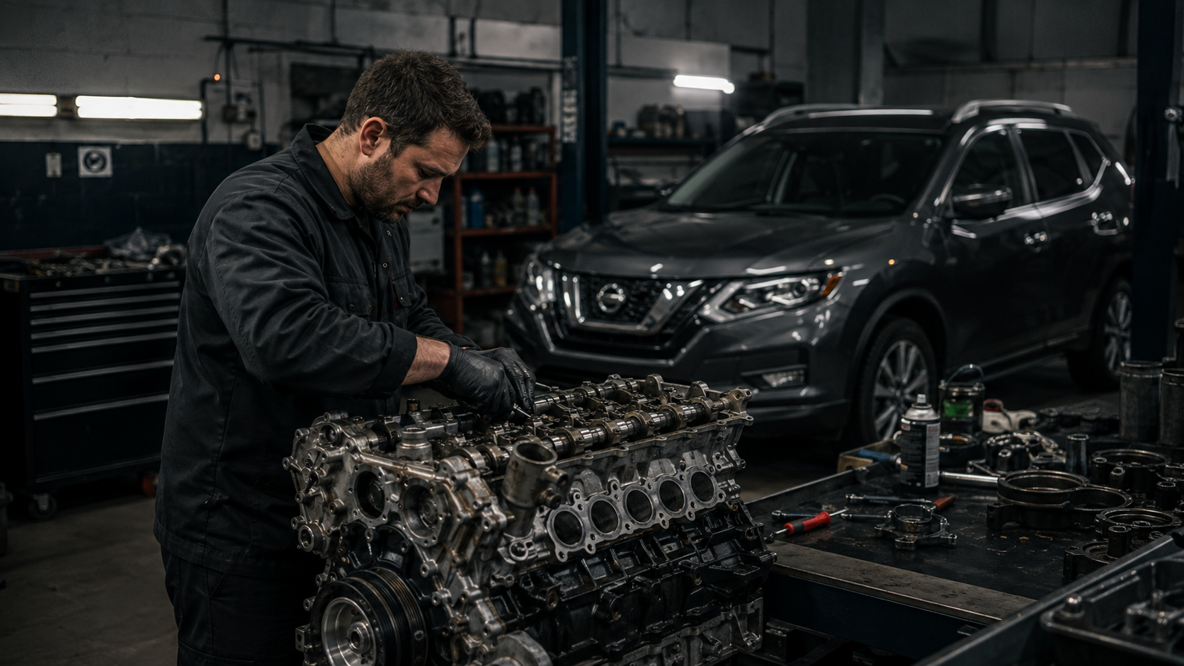 A Nissan engine on a workshop bench being reconditioned by a mechanic