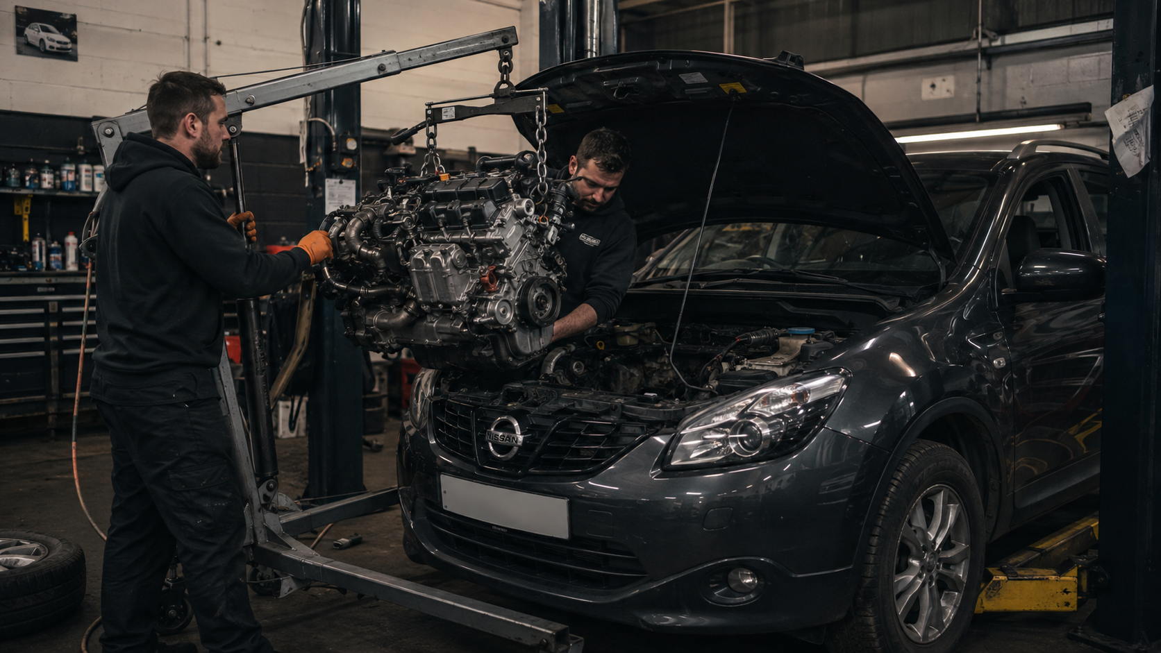 Mechanics fitting a Nissan engine into the vehicle in the workshop