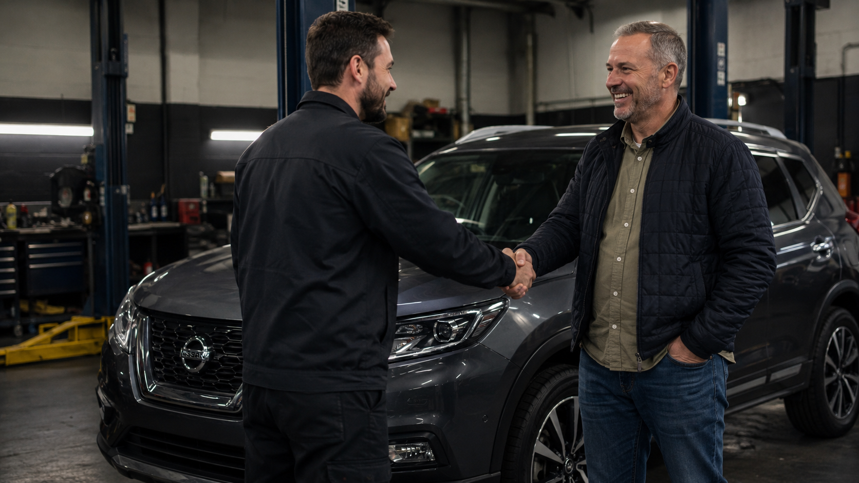 A happy customer shaking hands beside a Nissan SUV after the engine work is completed
